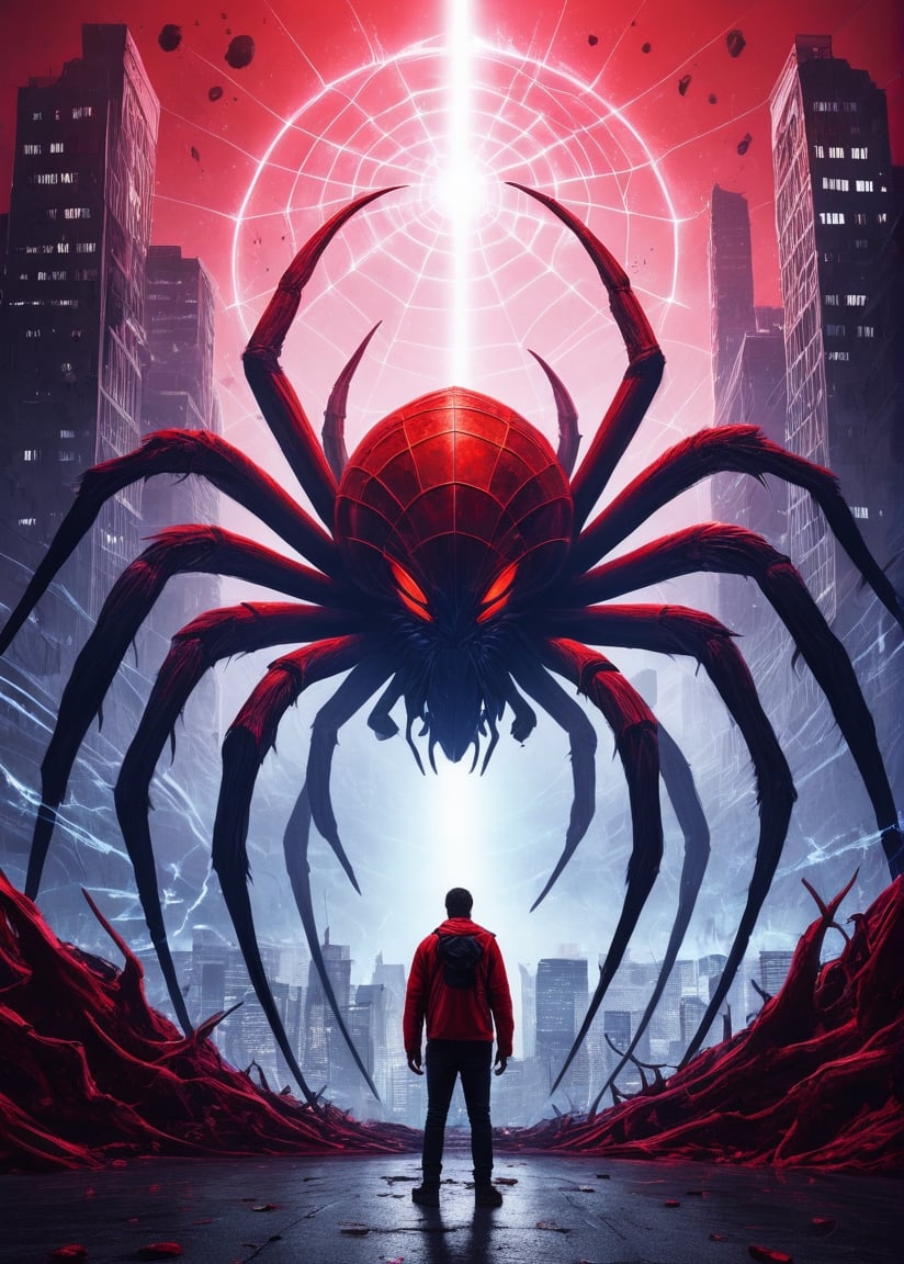 psychodelic,in a space, man standing next to a giant spider monster, city background, a portal to another dimension in the background, red colors palette