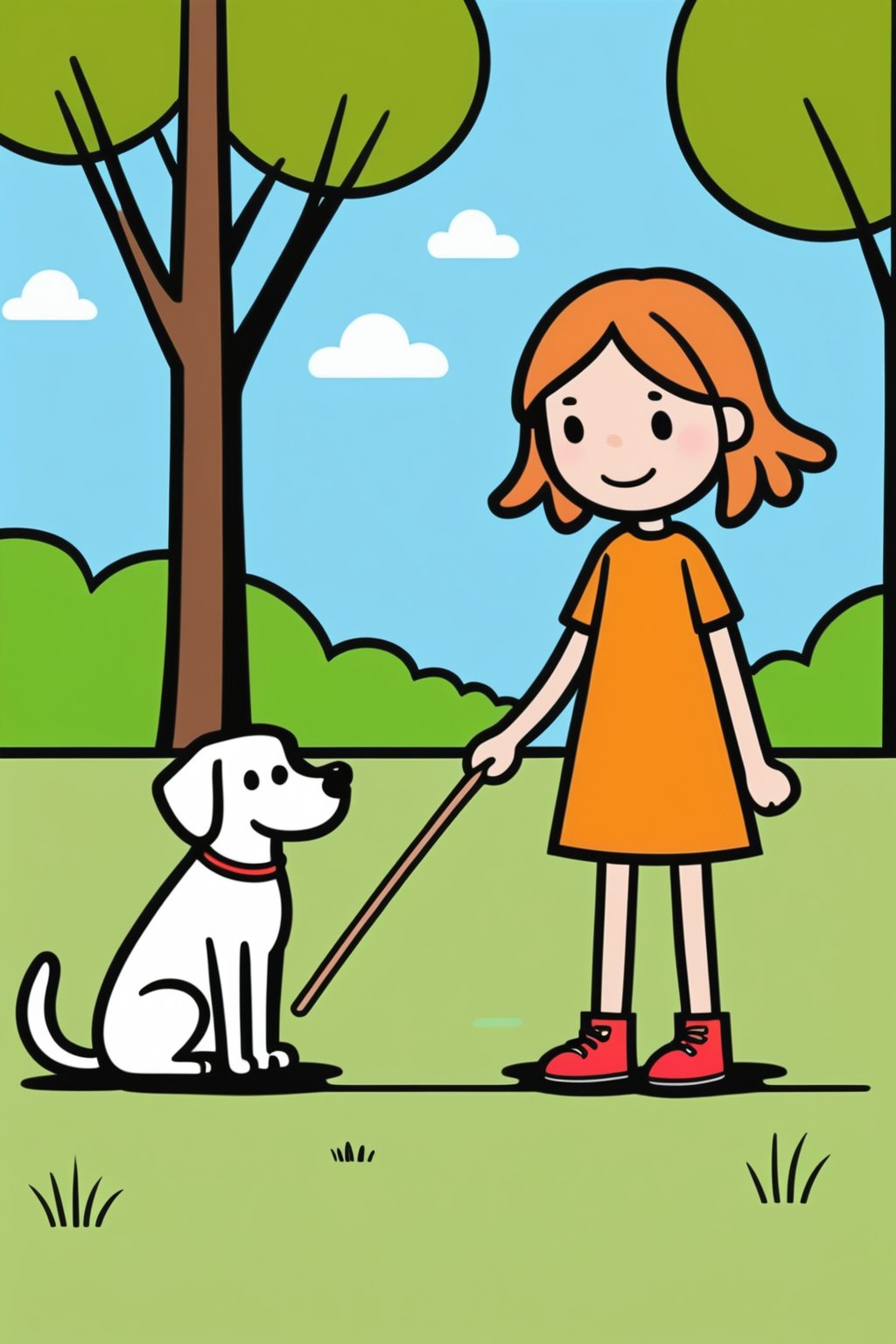 ((Stick mode)), children drawing mode, simple lines, A simple drawing of a cute girl with a dog, park, in the style of Allie Brosh with simple lines, flat colors and a stick figure of a girl with a dog, minimalistic, simple background