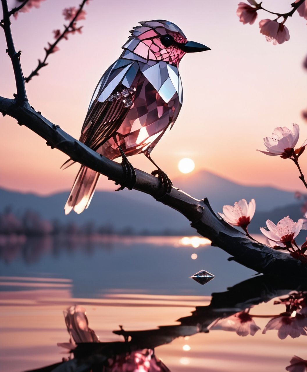 Close up shot of a fragile transparent bird created from diamonds, sitting on a sakura branch, bathing in the rays of the morning sun, pink dawn, lake in the distance