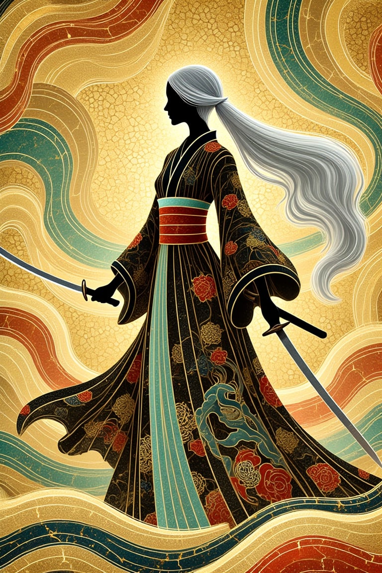 Create an illustration of a regal warrior woman standing in a traditional Japanese-style kimono. The kimono is predominantly black with intricate patterns of red, gold, and emerald green, featuring designs inspired by Japanese art and fantasy elements. She is holding a katana in one hand, poised with elegance and confidence. Her long, flowing white hair cascades down her back, interwoven with subtle hints of silver that add a mystical glow.

The background is a richly detailed golden texture that resembles a traditional Japanese screen painting, filled with swirling patterns and textures that create a sense of depth and movement. The illustration should have bold lines and vivid colors, emphasizing the contrast between the vibrant kimono and the serene yet powerful demeanor of the character. The composition should be vertical, highlighting the character’s full figure and the intricate beauty of her attire. The focus is on the harmonious blend of traditional Japanese aesthetics with a modern fantasy twist, showcasing an atmosphere of strength, grace, and artistic elegance..,Silhuflowart,Silhouette,Fluid,Pastel