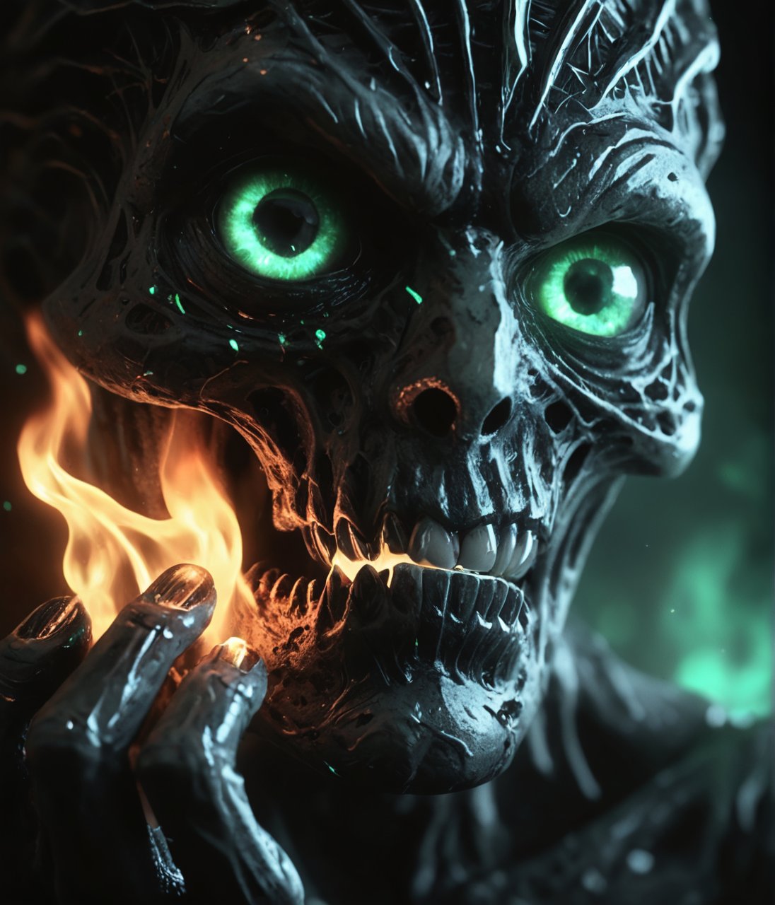 Close-up shot of a malevolent living coal creature's twisted face, its eyes burning with greenish envy as it gazes longingly at the sparkling diamond it grasps in its charred, bony fingers. The surrounding environment is dark and foreboding, lit only by an otherworldly glow emanating from the coal's very essence.