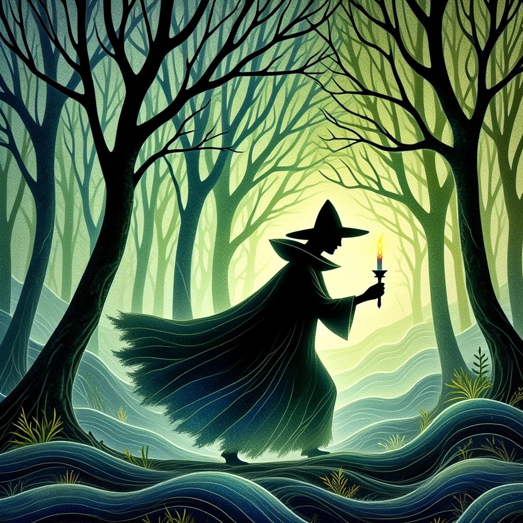 Silhuflowart,Fluid,Silhouette,Pastel, A mysterious silhouette sneaking through the forest with a candle in his hand