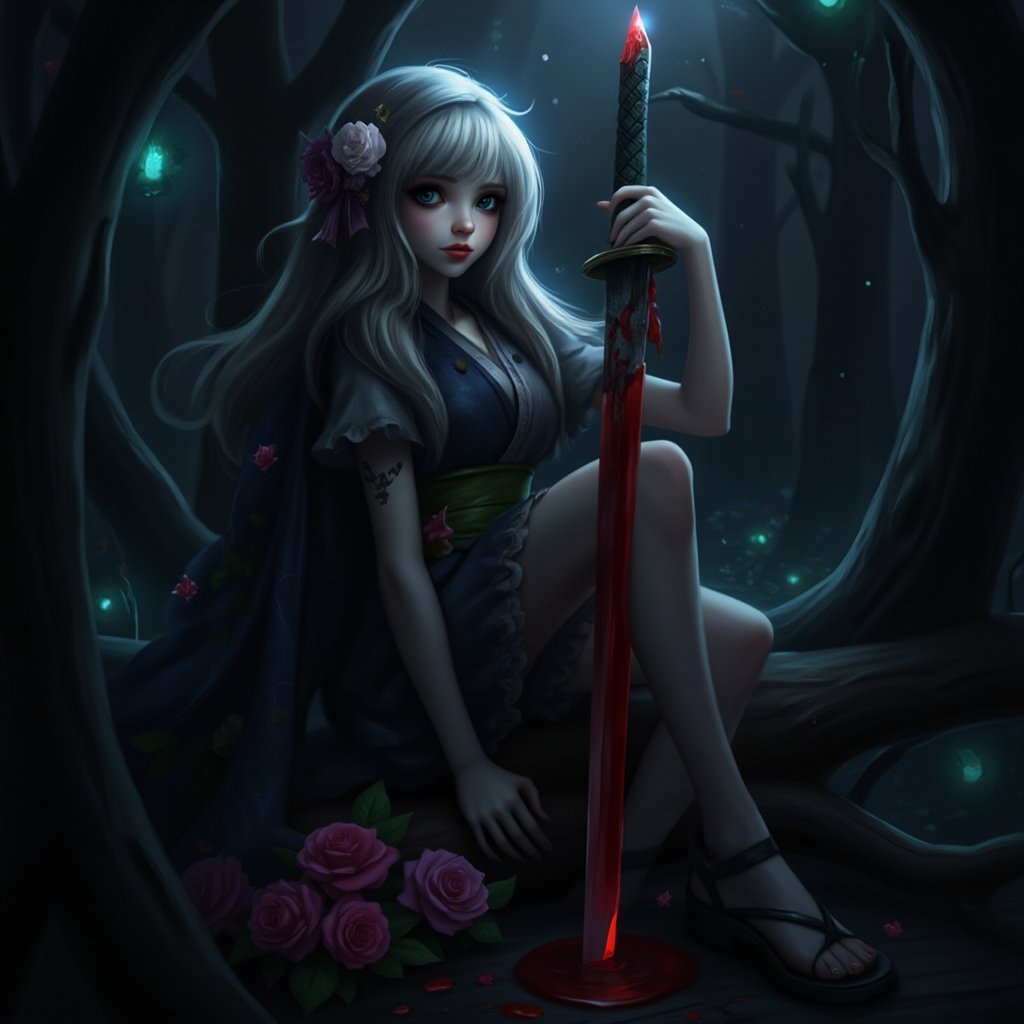 ethereal dark fairy tale, young  woman  sitting in a dark forest holding a bloody katana with the tip pointing up, dark kimono, (dark + gothic, + foreboding background), ,Epic_LOL,0r1g,Epic_LOL 