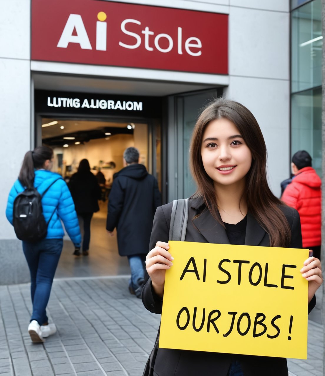 European girl with a sign saying "AI stole our jobs"