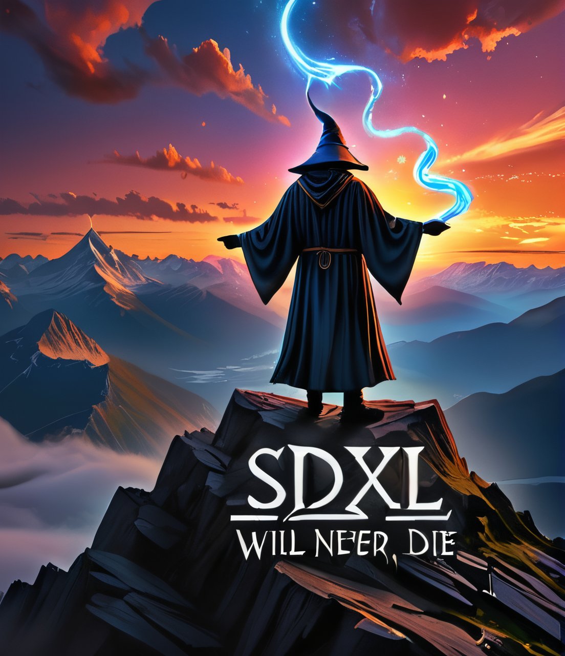  awesome artwork of a wizard on the top of a mountain, he's creating the big text ("SDXL will never die":1.35) with magic, magic text, at dawn, sunrise