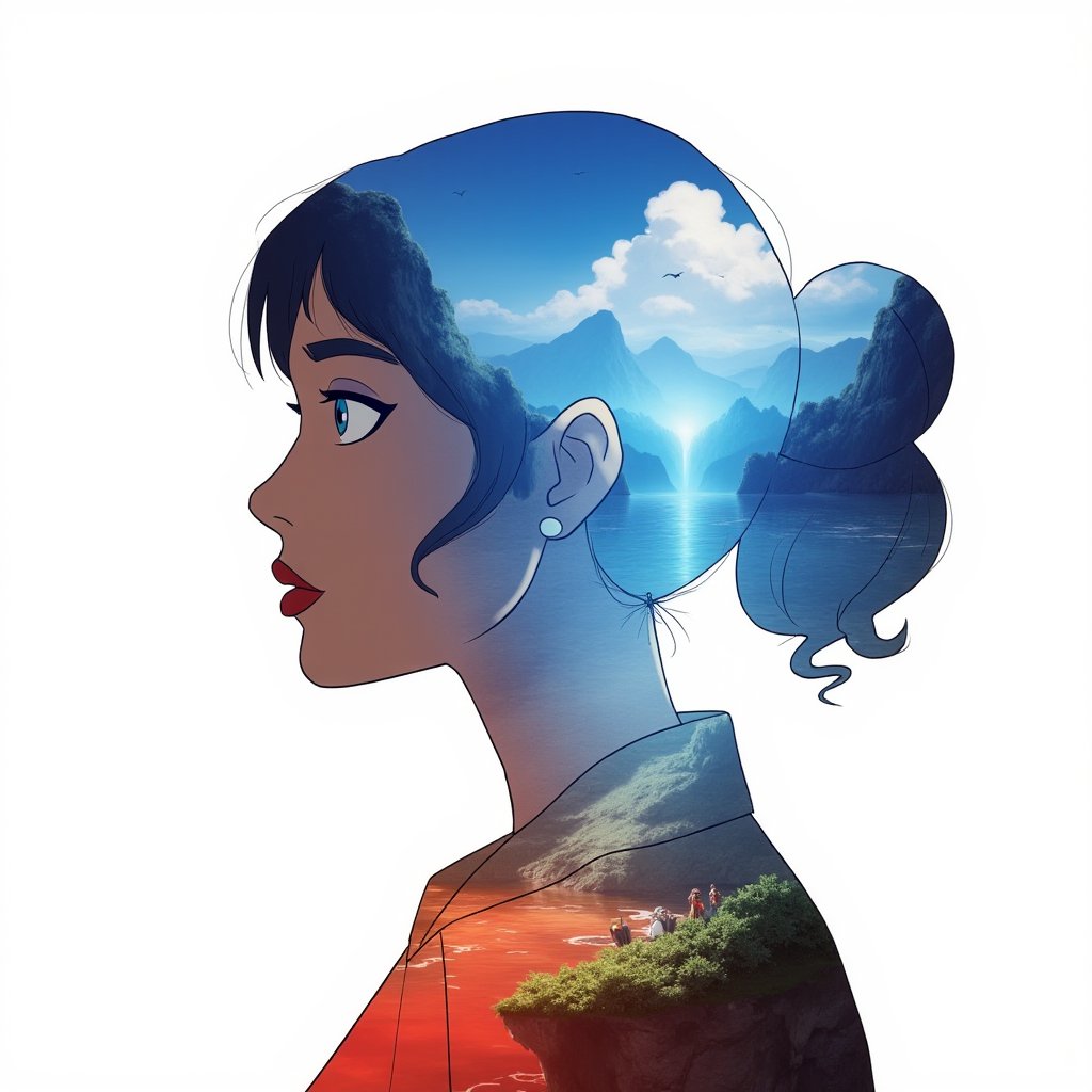 Silhouette of a girl in a scenery of a magical world, fantastic scenery of another world, close-up, double exposure, white background, vibrant colors, Studio Ghibli, StdGBRedmAF, lineart