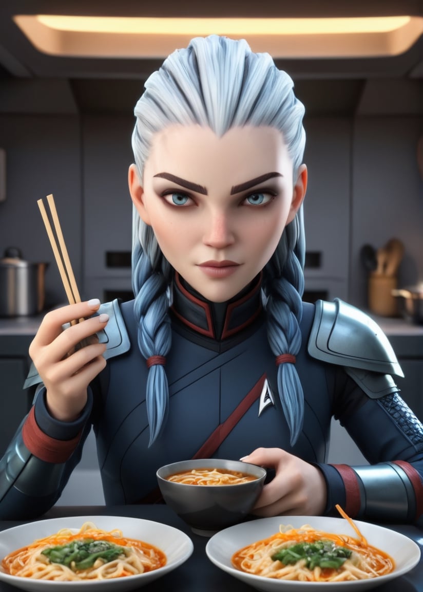 cartoon GWEN from Star Trek Prodigy, eating ramen, holding chopsticks, kitchen, medium shot