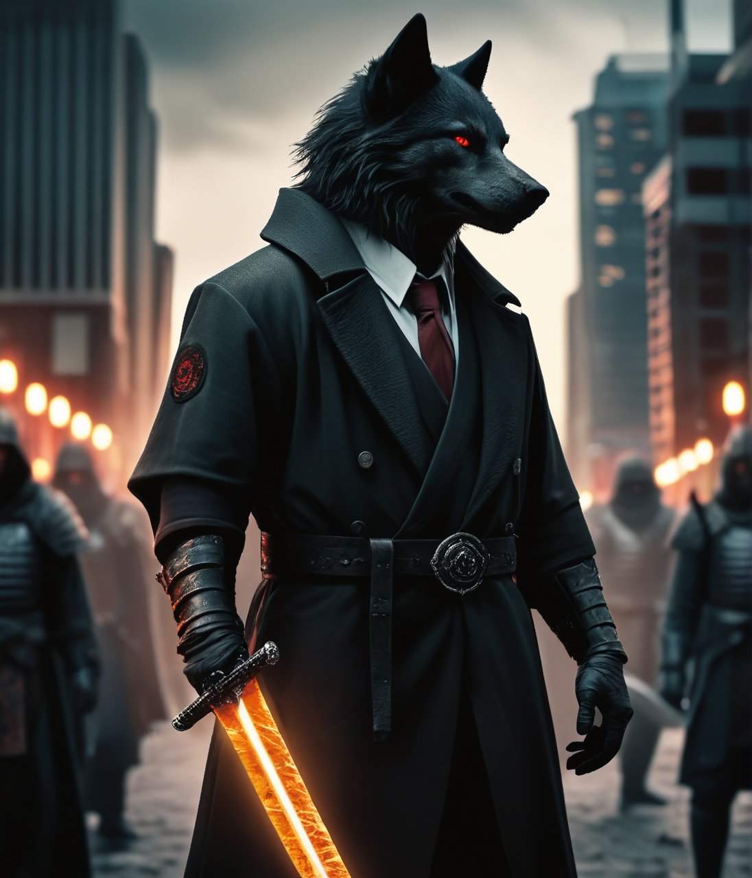 Orange antropomorfic wolf dresed in  coat, in front of a crowd, with katana, glowing red eyes 