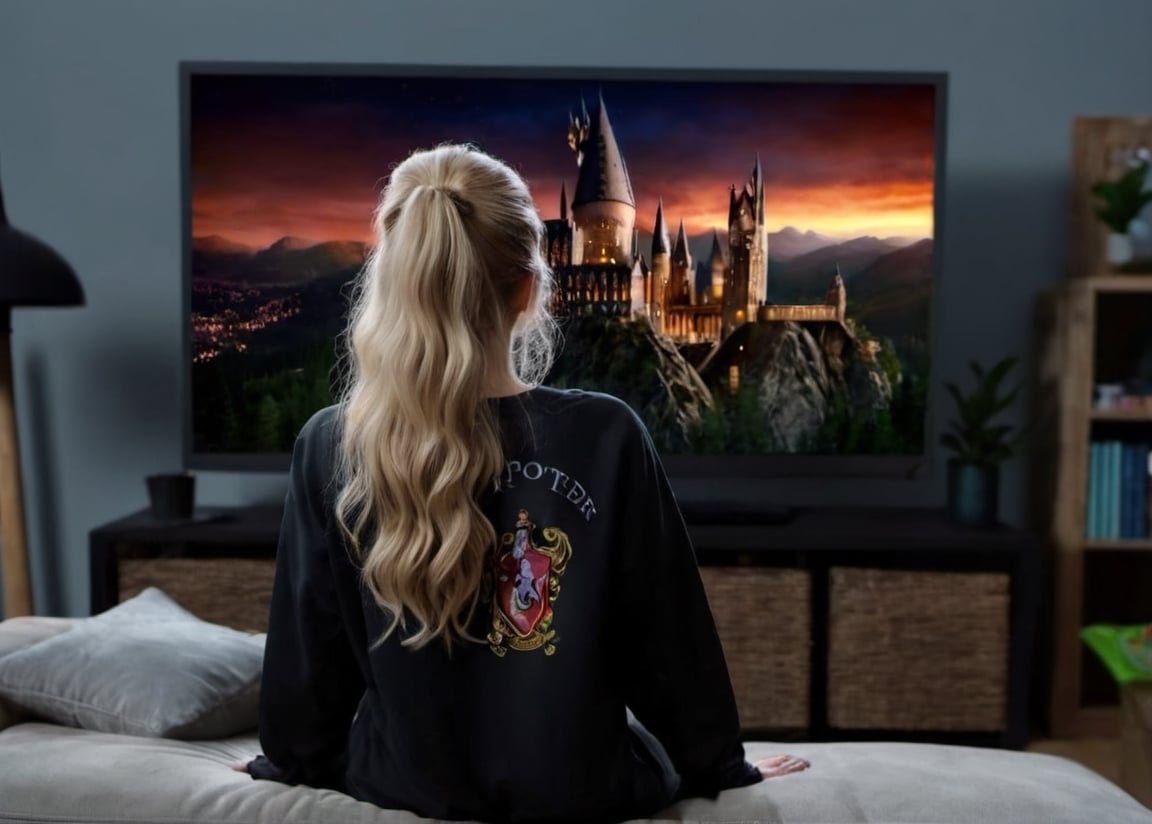 The view from the back. A girl with blonde hair is sitting on the couch in the room and watching TV. The girl is wearing black pajamas. The Harry Potter movie is on TV. The room is dark.