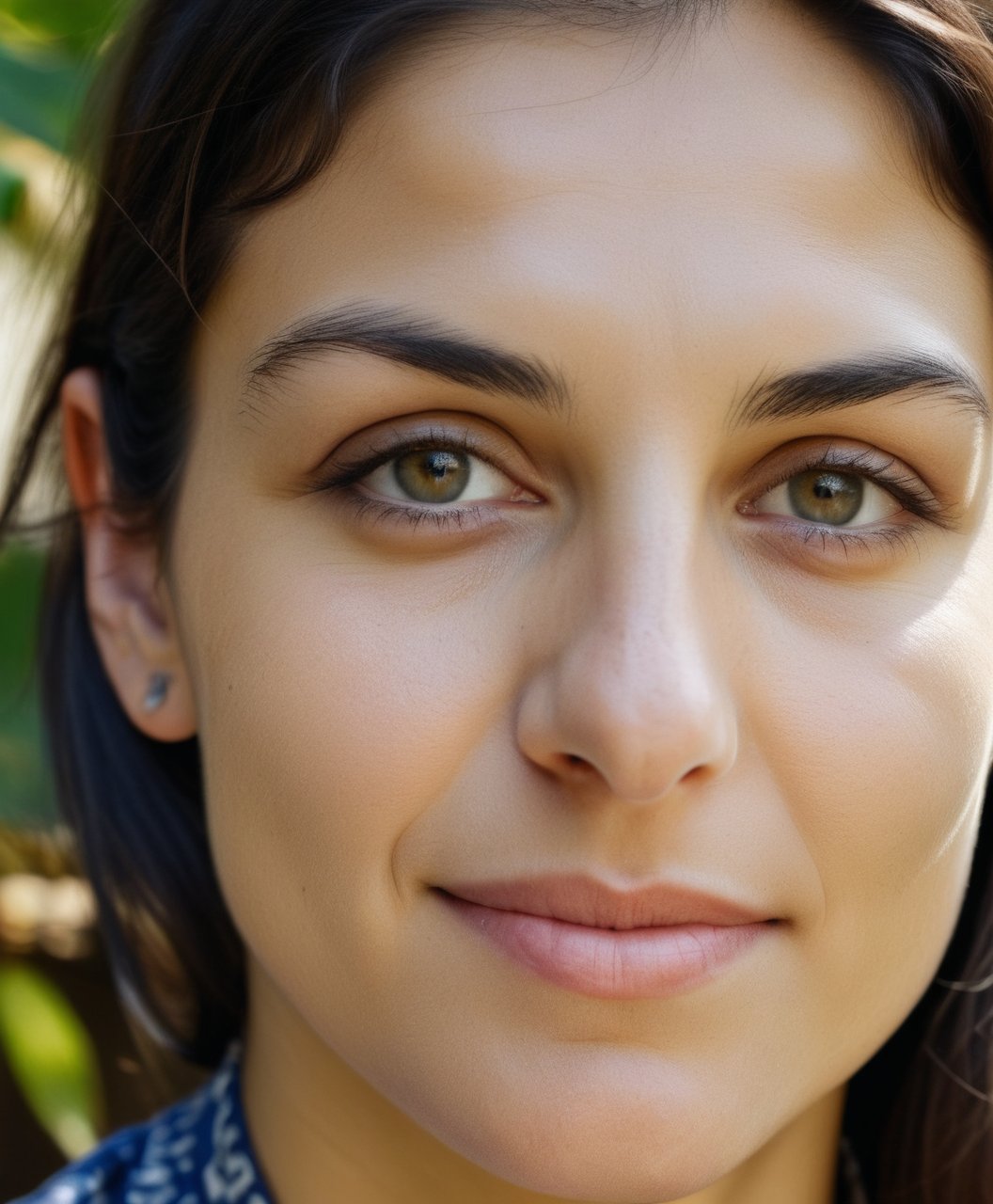 Raw photo portrait of a persian woman without makeup, sunny day, outdoors, smirk, detailed eyes, detailed pupils, natural skin, skin details, 30yo, shoulders