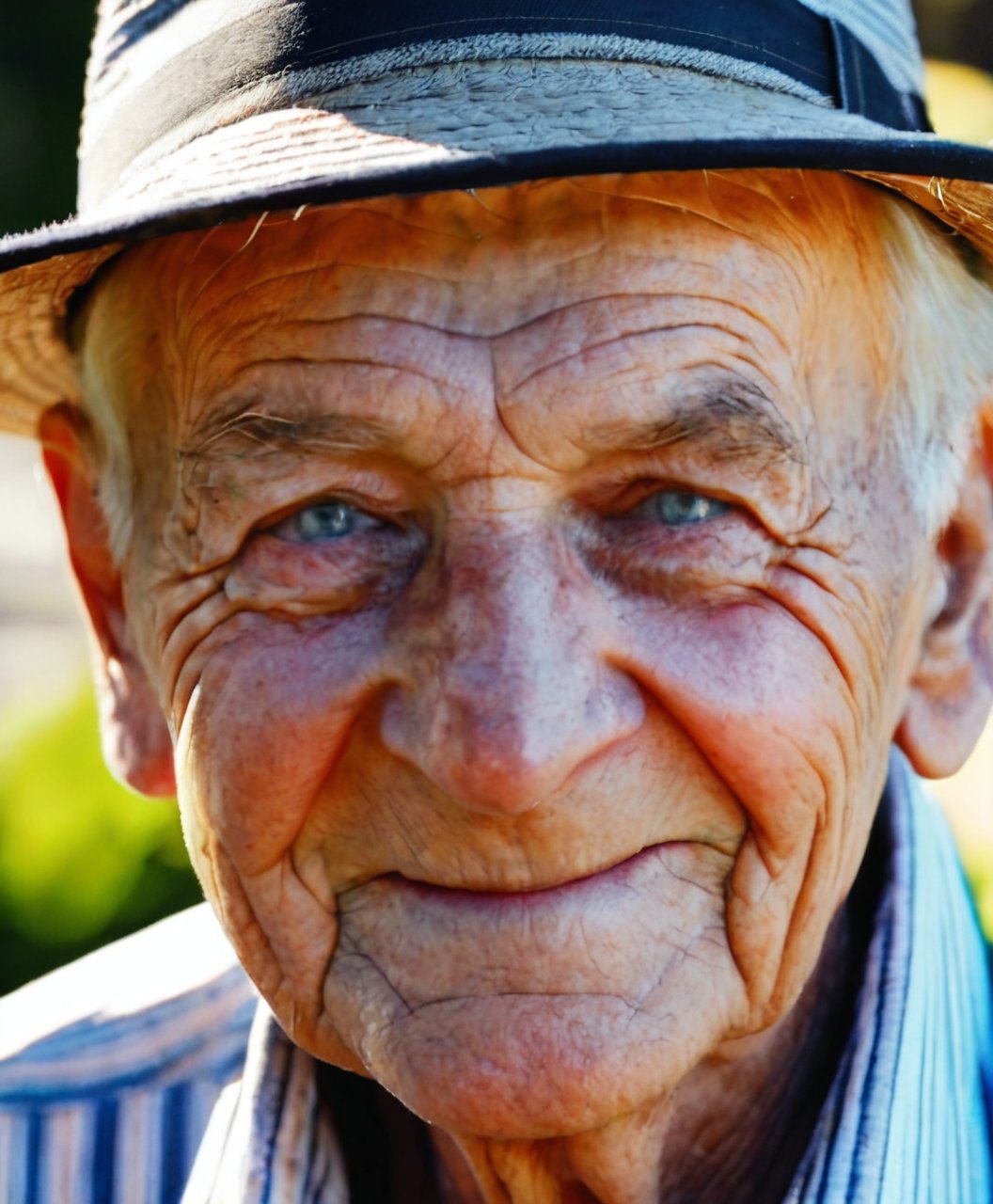 Extremely realistic photo portrait of an elderly man, face shot, smirk,  pores, sunny day , garden, detailed eyes 