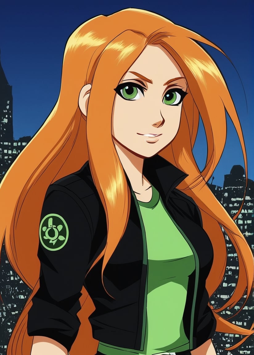 kim possible,  beautiful enverinment,  half body,  loose hair, city background