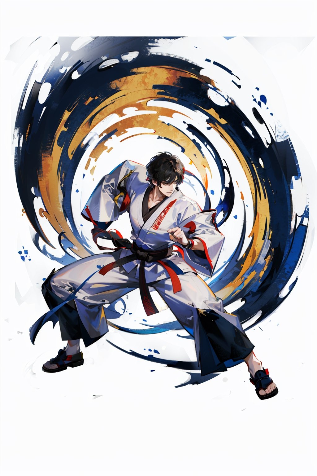 masterpiece,, (masterpiece, best quality:1.5), fighting stance, battle pose, [(white background:1.15)], 1 man, young man, short hair, tall handsome man,1boy, black hair, solo, dojo, karate