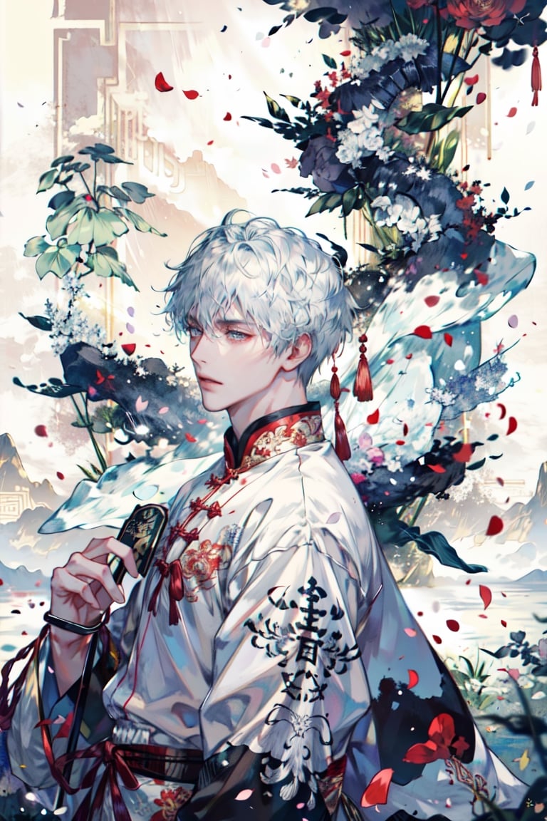 8k, (absurdres, highres, ultra detailed), (1 man:1.3), EpicArt,Chinese ink paint,water inkSpot,White and white,Chinese style, chinese clothes, flower petals, petals, flying_petals, petals_in_wind