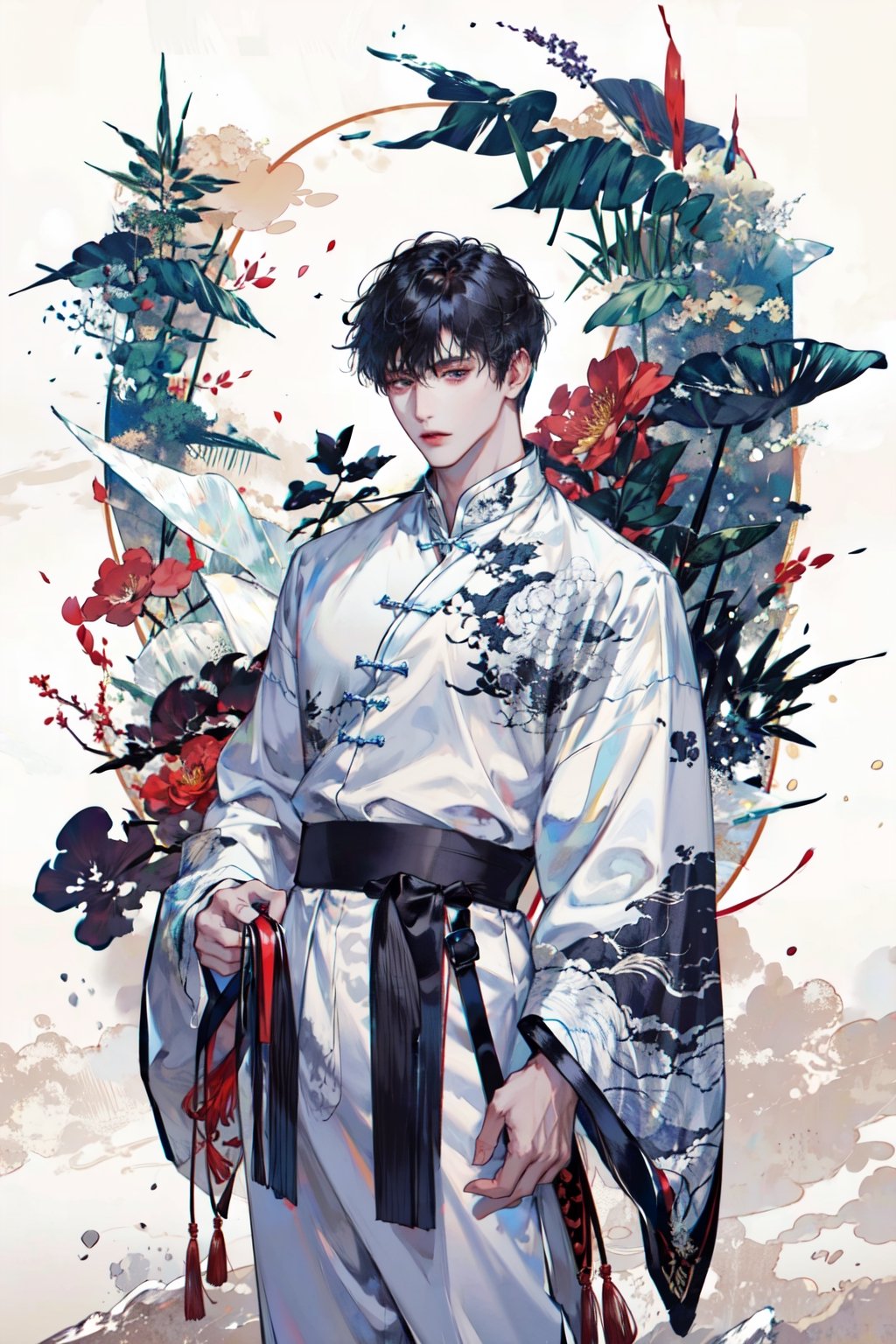 8k, (absurdres, highres, ultra detailed), (1 man:1.3), EpicArt,Chinese ink paint,water inkSpot,White and white,Chinese style, chinese_clothes,1boy