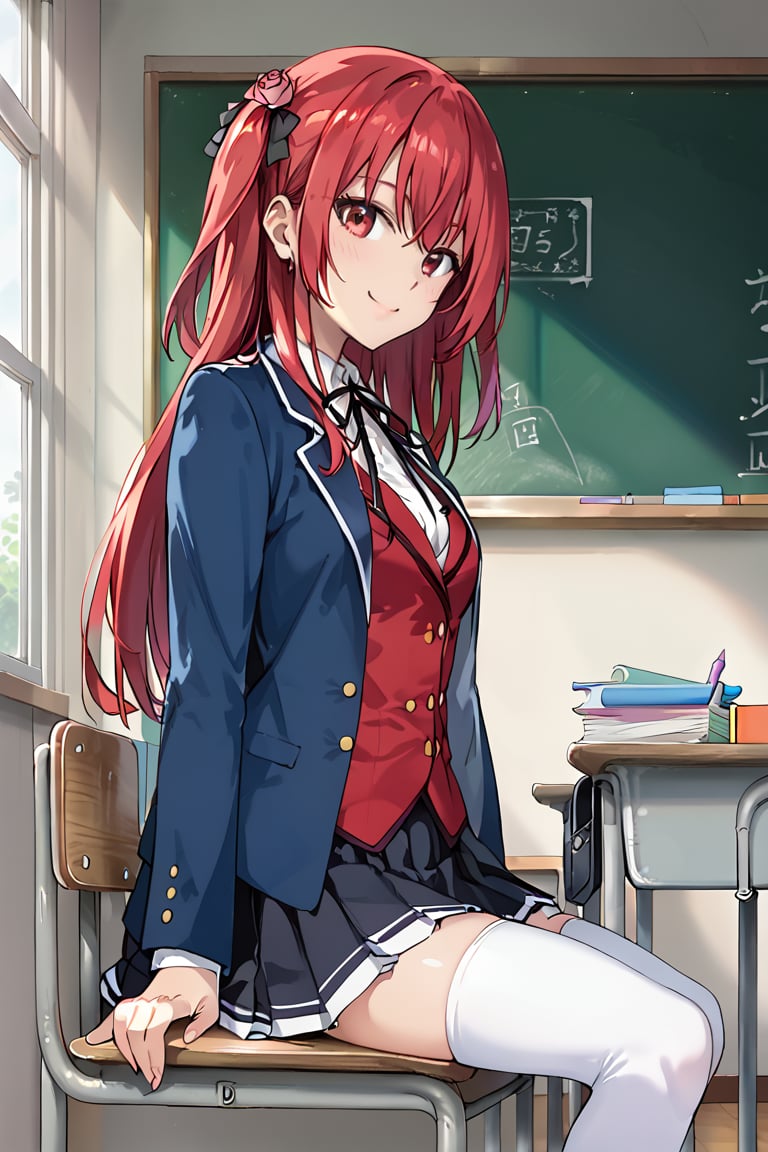 score_9, score_8_up, score_7_up, masterpiece, best quality, detailed, amazing quality, detailed face, beautiful color, detailed background, solo, 1girl, amelia_rose, red hair, uniform, thighhighs, smile, blushing, sitting on school chair, writing in notebook, kyoushitsu, classroom, indoors, school chair, school desk, chalkboard, window