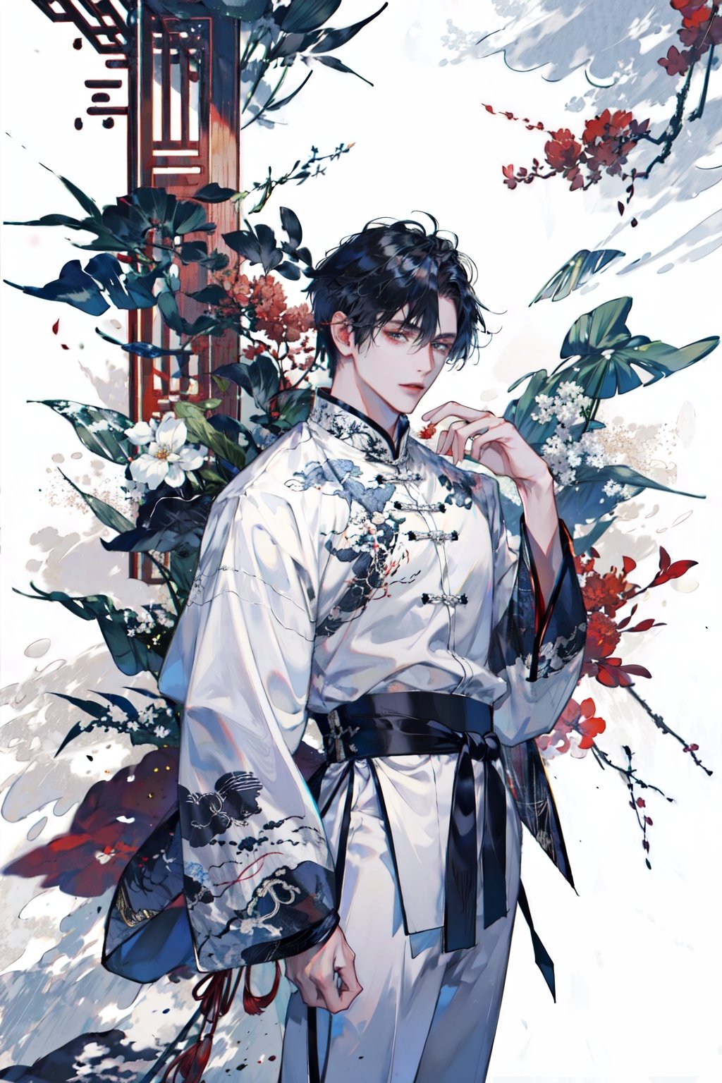 8k, (absurdres, highres, ultra detailed), (1 man:1.3), EpicArt,Chinese ink paint,water inkSpot,White and white,Chinese style, chinese_clothes,1boy