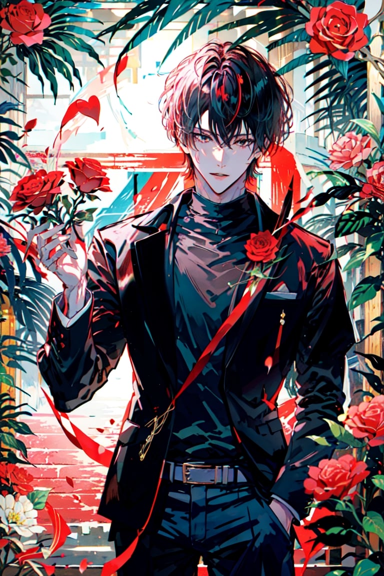 masterpiece, 1boy, valentine, hearts, holding bouquet of red roses, male focus,