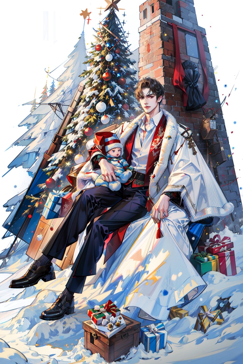 masterpiece,, (masterpiece, best quality:1.5), [(white background:1.15)], 1 man, young man, short hair, tall handsome man, snow, christmas theme, presents, christmas tree