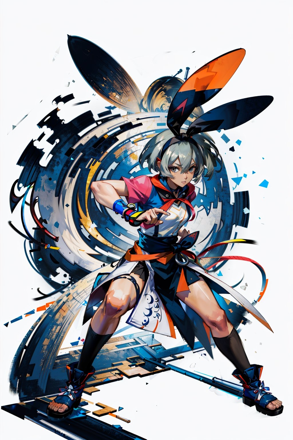 masterpiece,, (masterpiece, best quality:1.5), dojo, fighting stance, [(white background:1.15)], 1_girl,bea pokemon, black hairband, dark-skinned female,hair between eyes, grey hair, short hair,grey eyes,