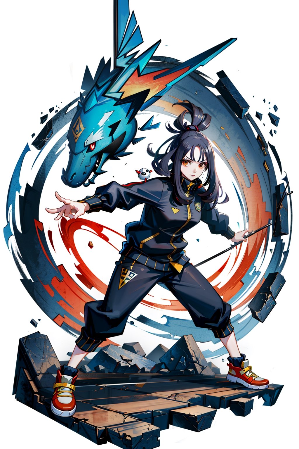 masterpiece,, (masterpiece, best quality:1.5), fighting stance, [(white background:1.15)], 1_girl, female_solo, dendra pokemon, track jacket, sidelocks, black jacket