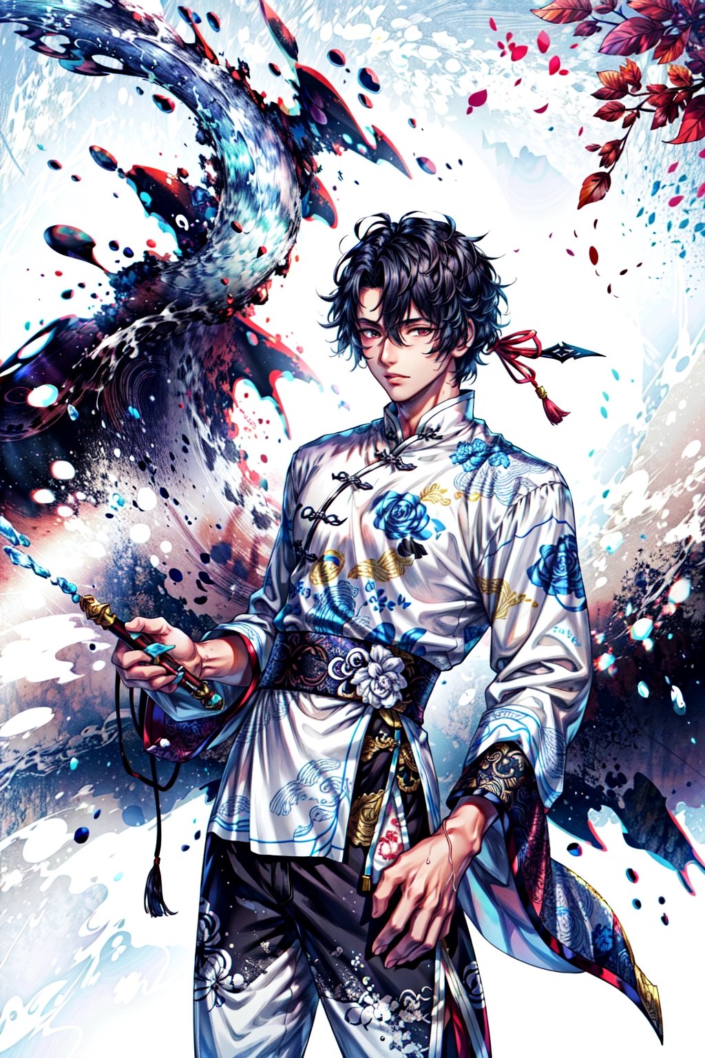 8k, (absurdres, highres, ultra detailed), (1 man:1.3), EpicArt,Chinese ink paint,water inkSpot,White and white,Chinese style, chinese_clothes,masterpiece,1boy