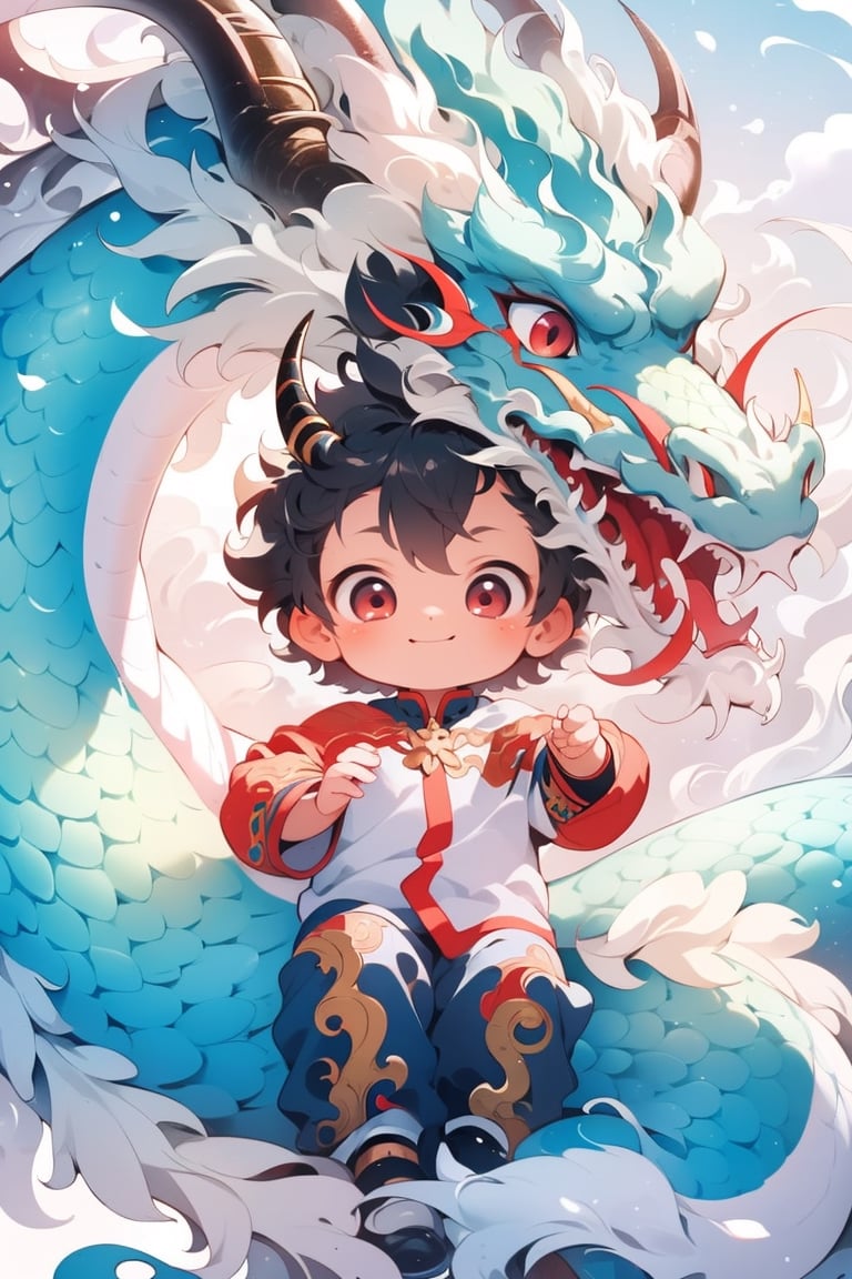 solo, short hair, black hair, red eyes, 1boy, smile, male focus, horns, chibi, aged down, child, dragon, male child, eastern dragon