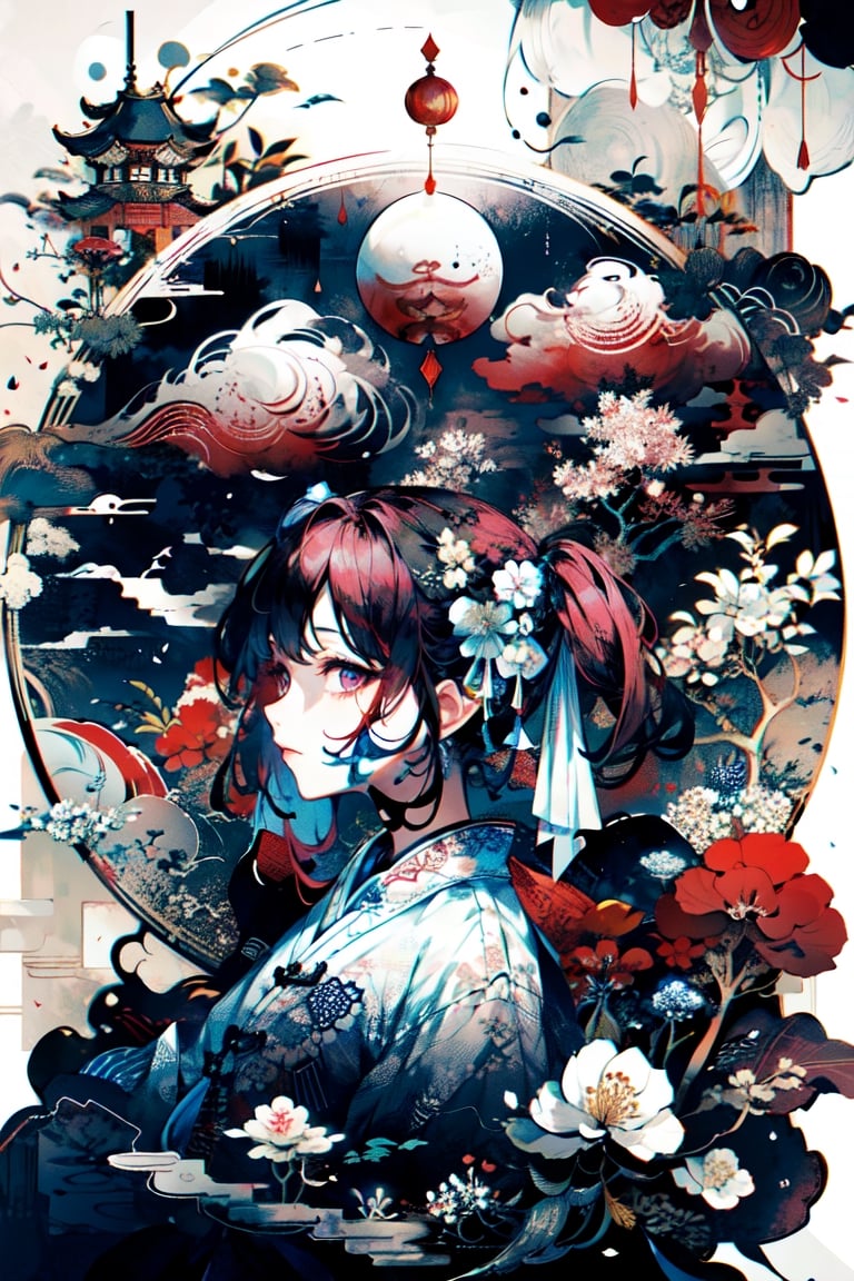 masterpiece, 8k, (absurdres, highres, ultra detailed), (1lady:1.3), purple eyes, red hair, short twintails, EpicArt,Chinese ink paint,water inkSpot,White and white,Chinese style,