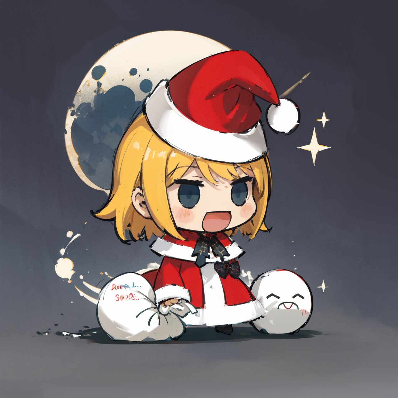 masterpiece, 1 man, skull face, creepy, horror, funny padoru meme, holding sack,chibi,:d,santa hat