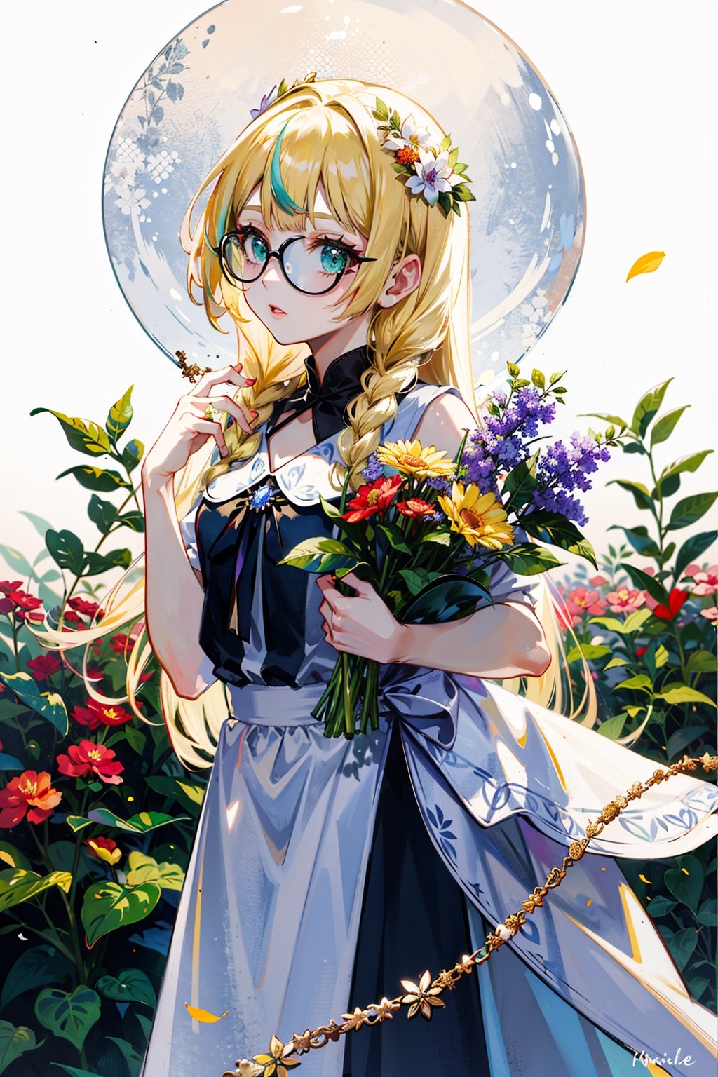 masterpiece,, (masterpiece, best quality:1.5), garden, flowers,[(white background:1.15)], 1_girl,lillie, blonde hair, long hair, twin braids, green eyes,blonde hair