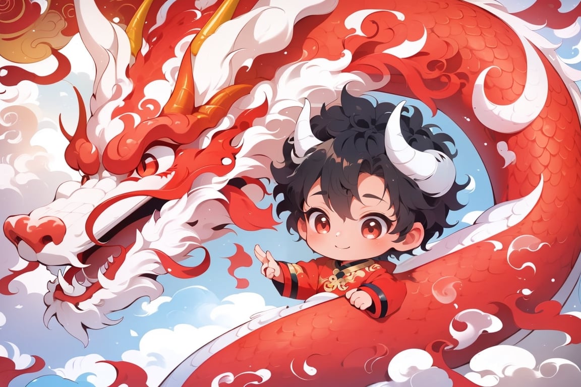 solo, short hair, black hair, red eyes, 1boy, smile, male focus, horns, chibi, aged down, child, dragon, male child, eastern dragon, chinese new year, red theme, happy dragon