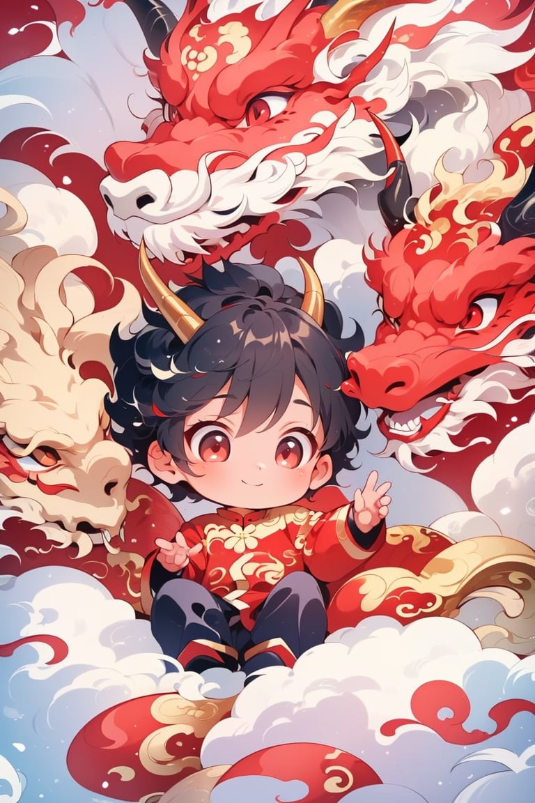 solo, short hair, black hair, red eyes, 1boy, smile, male focus, horns, chibi, aged down, child, dragon, male child, eastern dragon, chinese new year, red theme