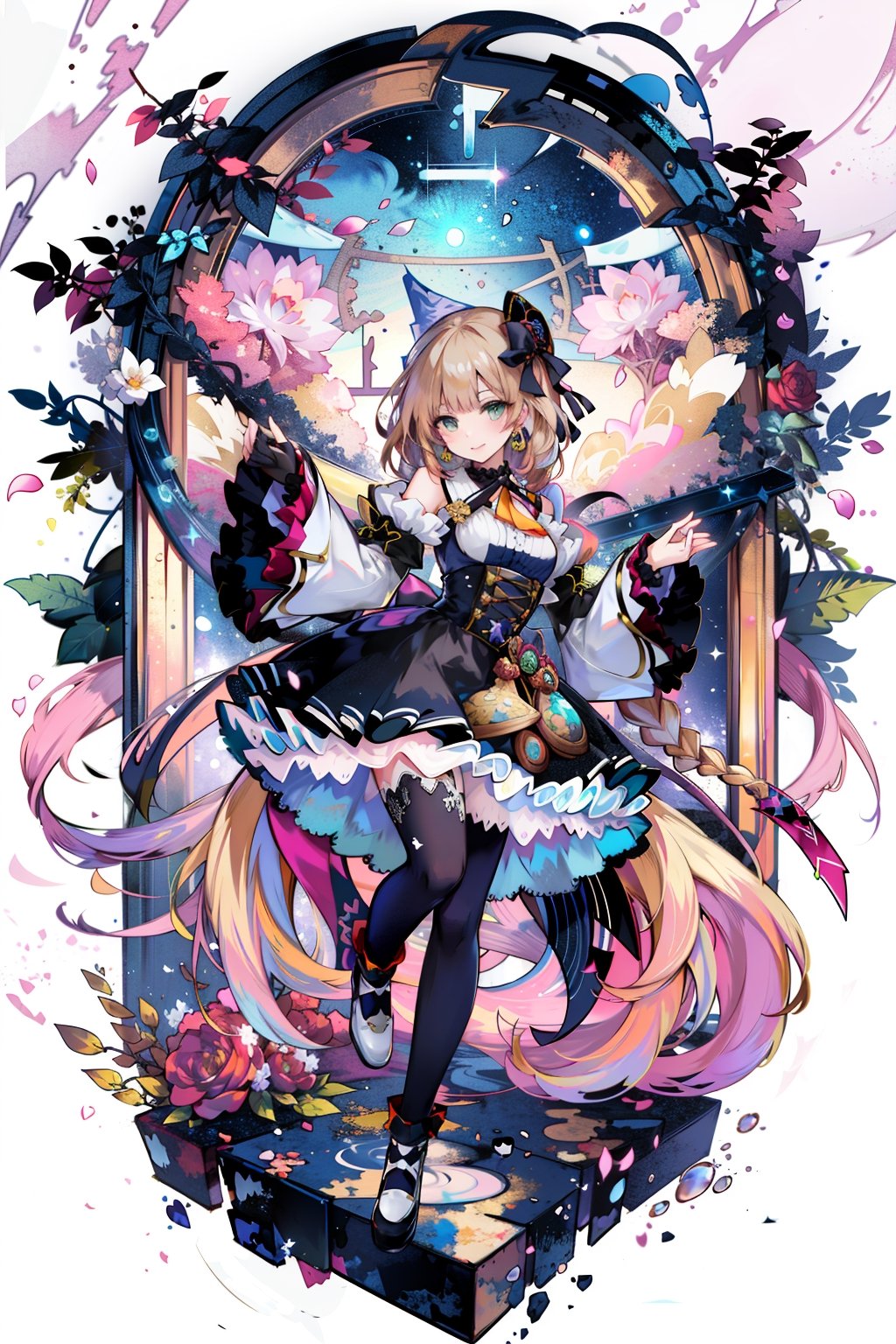 masterpiece, 1girl, blue eyes, very long hair, blonde hair, long blonde hair, french braid, bangs, medium breasts, hair ribbon, frilled choker, criss-cross halter, sleeveless dress, high-waist skirt, backless dress, waist bow, detached sleeves, frilled sleeves, wide sleeves, pantyhose, white legwear, mary janes, intricate image a beautiful glass woman, green foliage and pink and yellow fowery vines background, work of beauty and complexity, ultra detailed face and eyes, 8k UHD, alberto seveso style, fantasy style, glowing fractal glass elements, dynamic pose, amber glow,  flowercore, bright sky, (masterpiece, best quality:1.5),[(white background:1.15), female_solo, solo