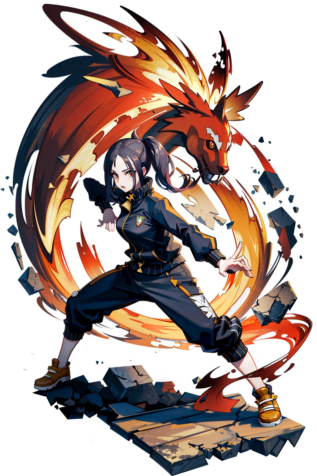 masterpiece,, (masterpiece, best quality:1.5), fighting stance, [(white background:1.15)], 1_girl, female_solo, dendra pokemon, track jacket, sidelocks, black jacket, Cargo pants, dynamic pose