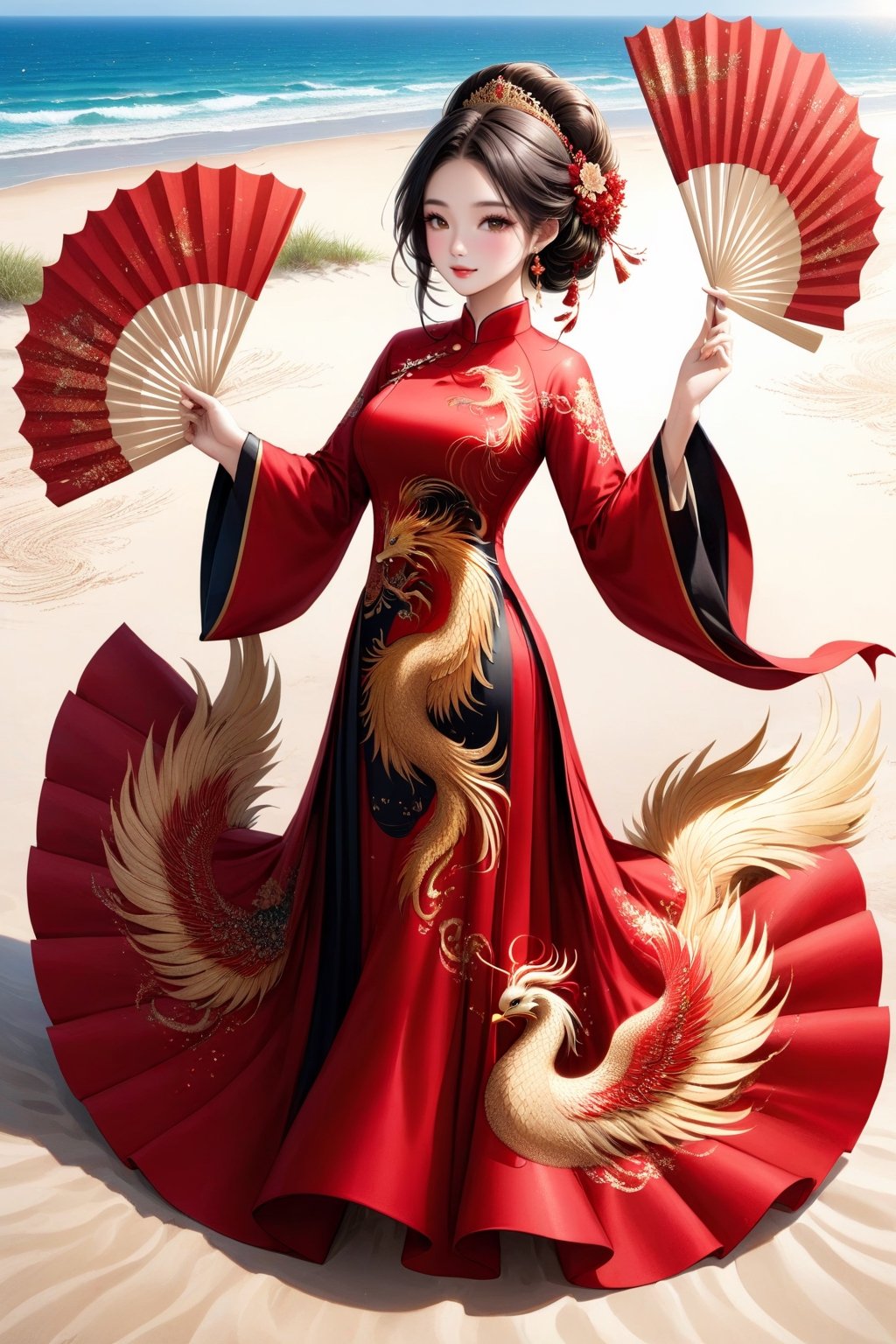 Masterpiece of a Vietnamese girl wearing a red black  ao dai with floral and phoenix patterns, dancing gracefully. She holds a paper fan in her hand, which she moves in sync with her steps. The sand on the beach forms a yin-yang symbol, representing harmony and balance. The camera zooms out to reveal an aerial view of the scene, captured by a drone. The image quality is superb, with high resolution and vivid colors.
,glitter, shiny