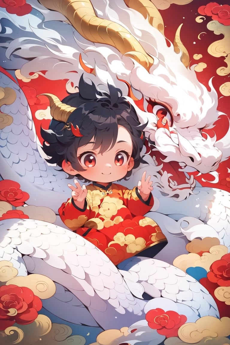 solo, short hair, black hair, red eyes, 1boy, smile, male focus, horns, chibi, aged down, child, dragon, male child, eastern dragon, chinese new year, red theme