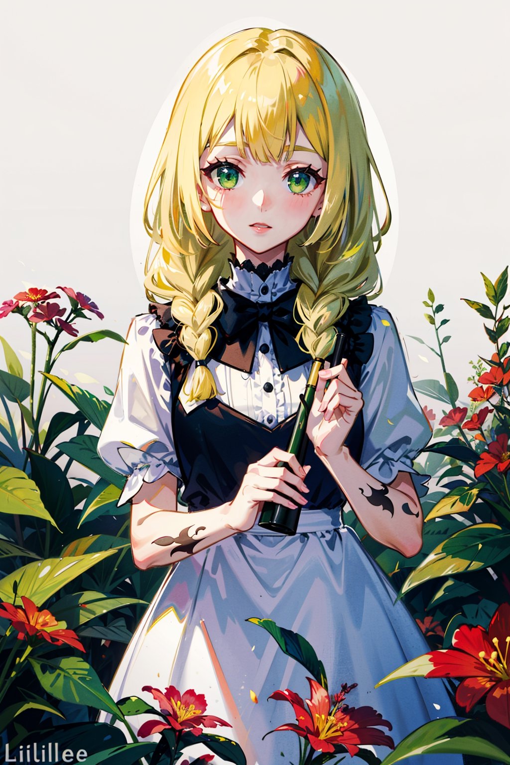 masterpiece,, (masterpiece, best quality:1.5), garden, flowers,[(white background:1.15)], 1_girl,lillie, blonde hair, long hair, twin braids, green eyes,blonde hair, holding flowers