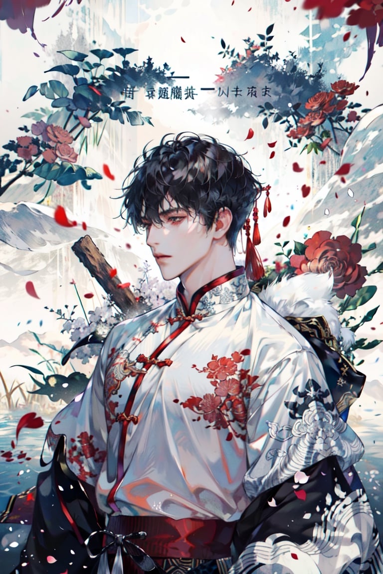 8k, (absurdres, highres, ultra detailed), (1 man:1.3), EpicArt,Chinese ink paint,water inkSpot,White and white,Chinese style, chinese clothes, flower petals, petals, flying_petals, petals_in_wind