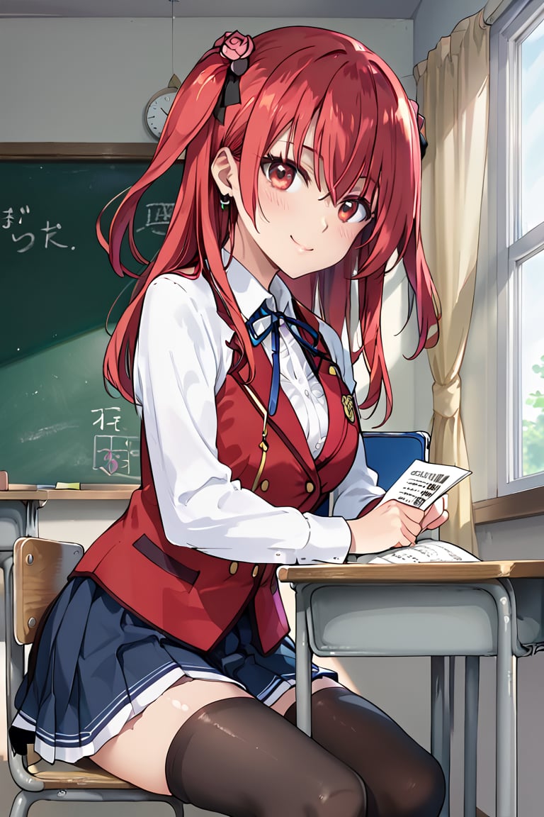 score_9, score_8_up, score_7_up, masterpiece, best quality, detailed, amazing quality, detailed face, beautiful color, detailed background, solo, 1girl, amelia_rose, red hair, uniform, thighhighs, smile, blushing, sitting on school chair, writing in notebook, kyoushitsu, classroom, indoors, school chair, school desk, chalkboard, window