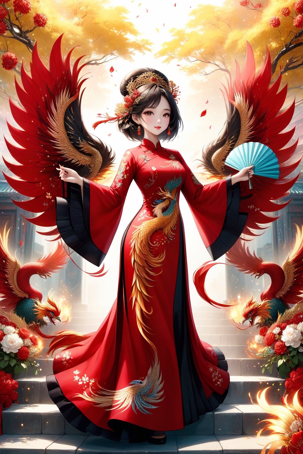 Masterpiece of a Vietnamese girl wearing a red black  ao dai with floral and phoenix patterns, dancing gracefully. She holds a paper fan in her hand, which she moves in sync with her steps, fantasy. The camera zooms out to reveal an aerial view of the scene, captured by a drone. The image quality is superb, with high resolution and vivid colors.
,glitter, shiny