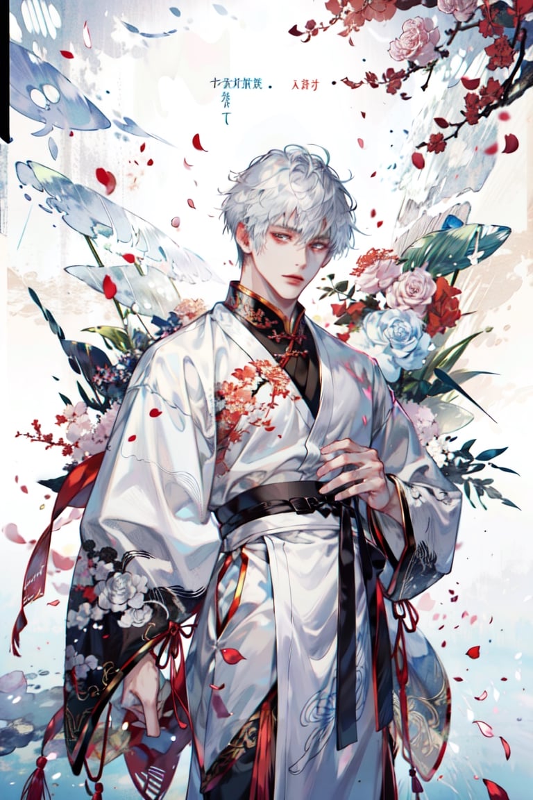 8k, (absurdres, highres, ultra detailed), (1 man:1.3), EpicArt,Chinese ink paint,water inkSpot,White and white,Chinese style, chinese clothes, flower petals, petals, flying_petals, petals_in_wind