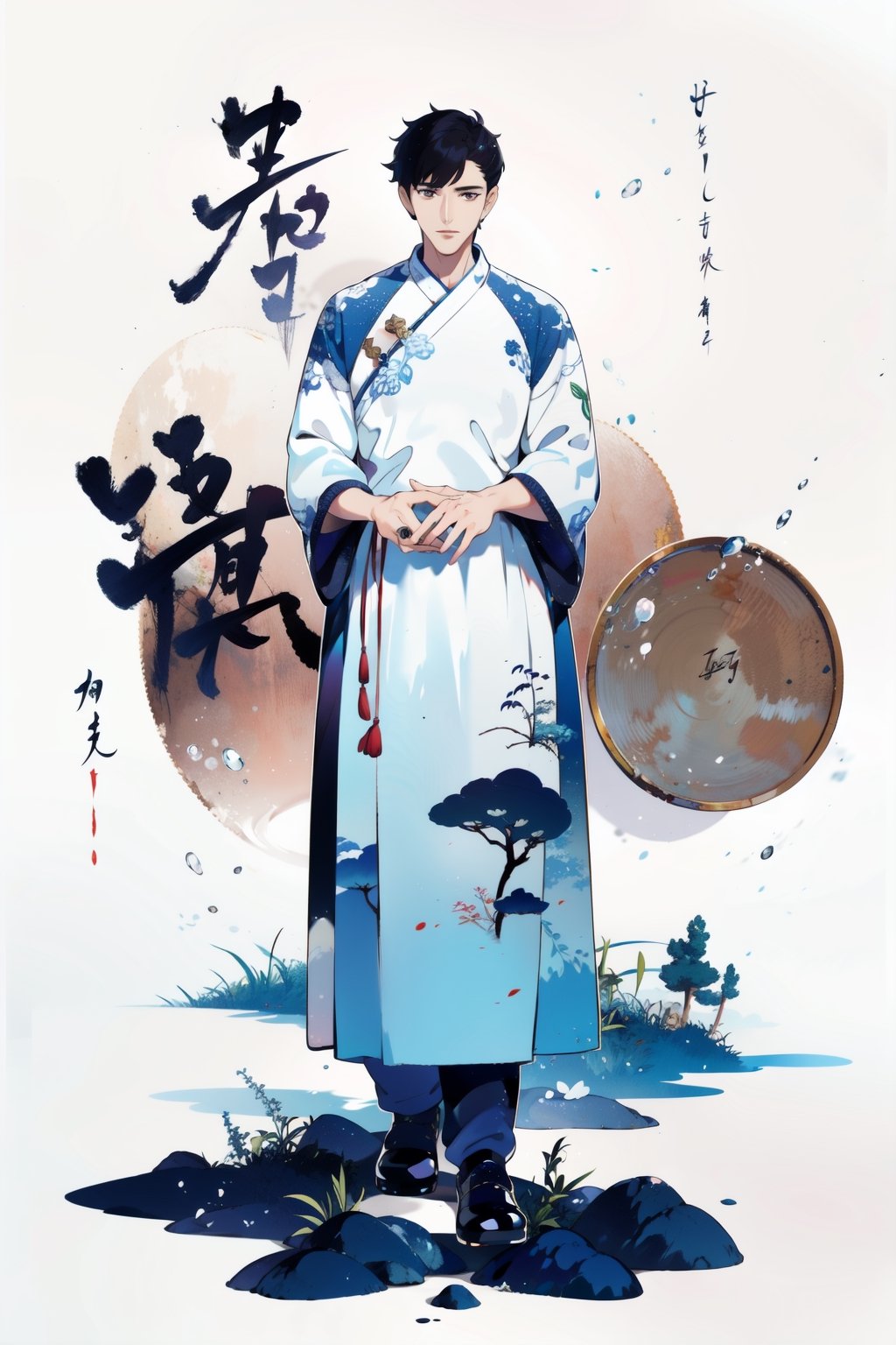 8k, (absurdres, highres, ultra detailed), (1 man:1.3), EpicArt,Chinese ink paint,water inkSpot,White and white,Chinese style, chinese_clothes,masterpiece,1boy,aodai