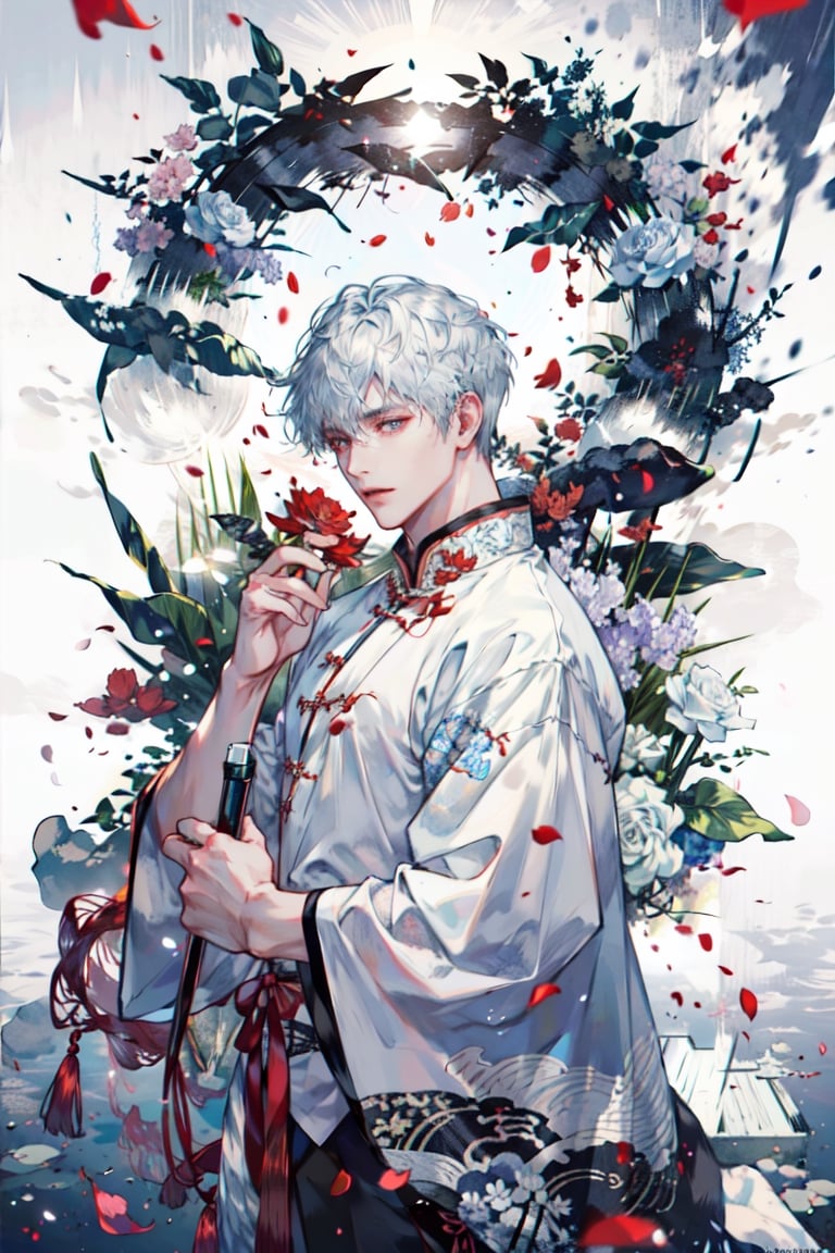 8k, (absurdres, highres, ultra detailed), (1 man:1.3), EpicArt,Chinese ink paint,water inkSpot,White and white,Chinese style, chinese clothes, flower petals, petals, flying_petals, petals_in_wind