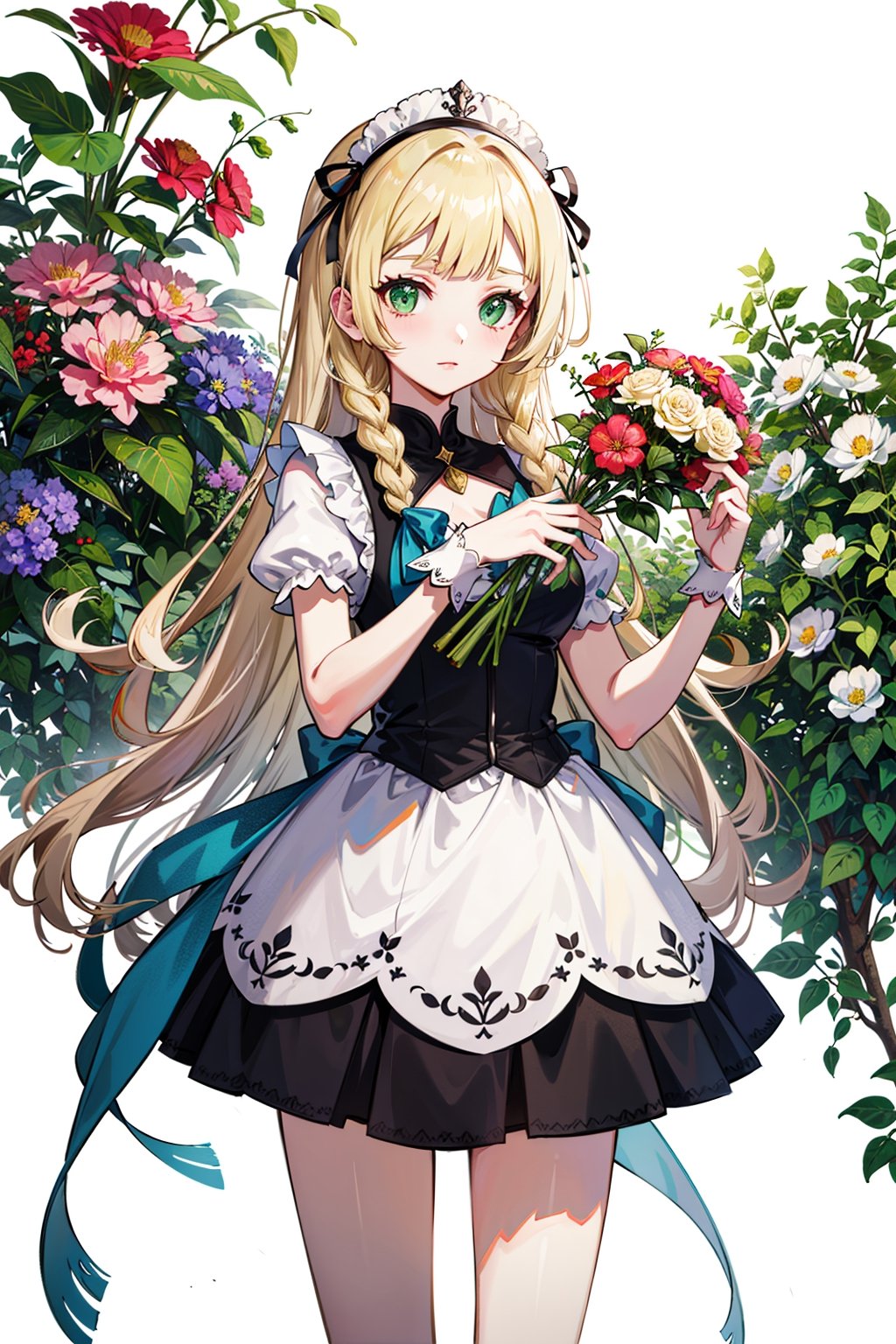 masterpiece,, (masterpiece, best quality:1.5), garden, flowers,[(white background:1.15)], 1_girl,lillie, blonde hair, long hair, twin braids, green eyes,blonde hair, holding flowers