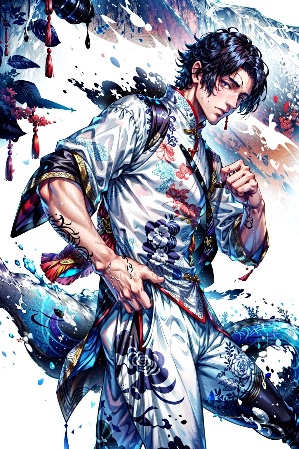 8k, (absurdres, highres, ultra detailed), (1 man:1.3), EpicArt,Chinese ink paint,water inkSpot,White and white,Chinese style, chinese_clothes,masterpiece,1boy