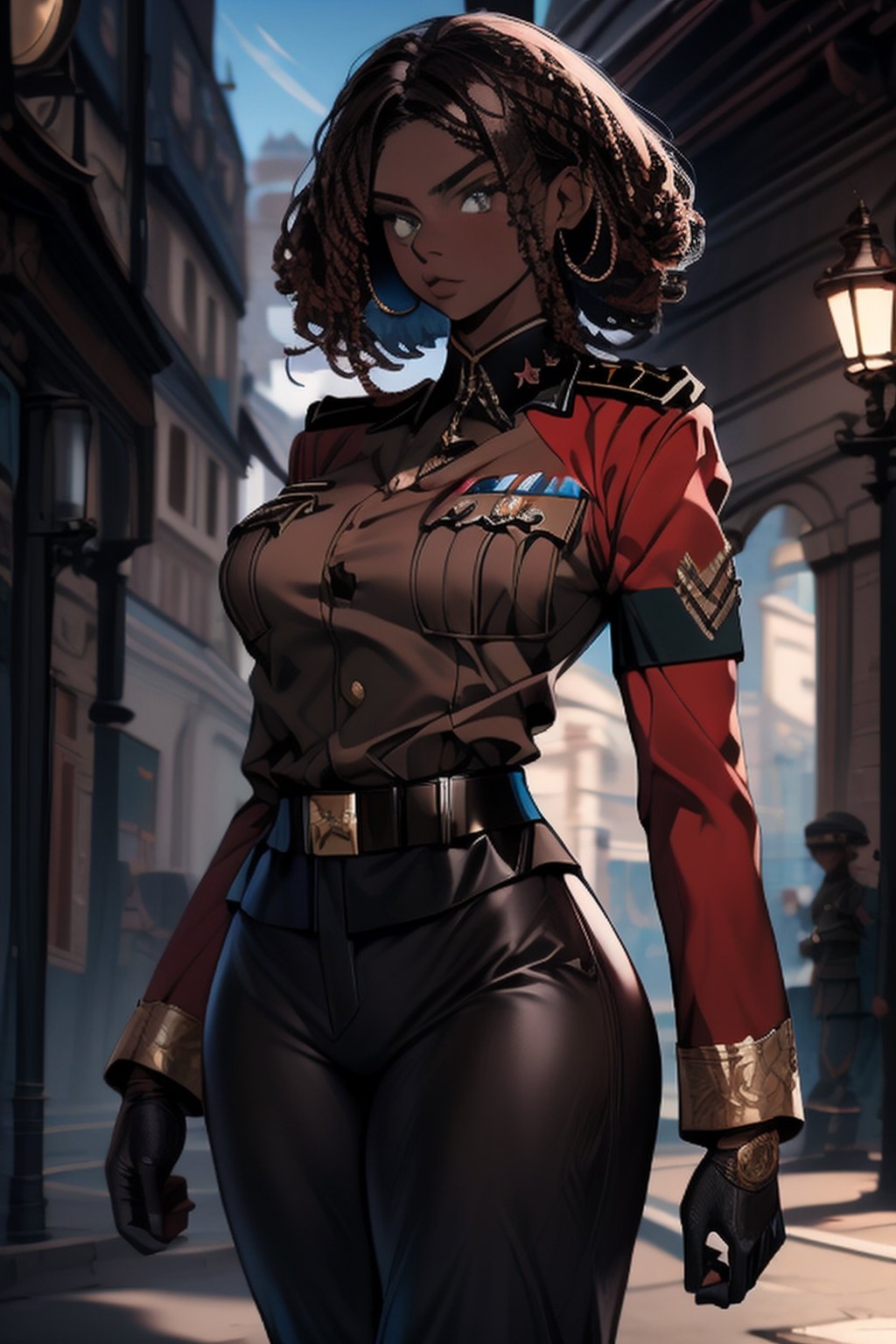 masterpiece, 8k, (absurdres, highres, ultra detailed), (1lady:1.3), EpicArt, military uniform, brown skin, black hair, blue eyes, curly hair,  war, gun, dark skin, brown skin, pants,girl