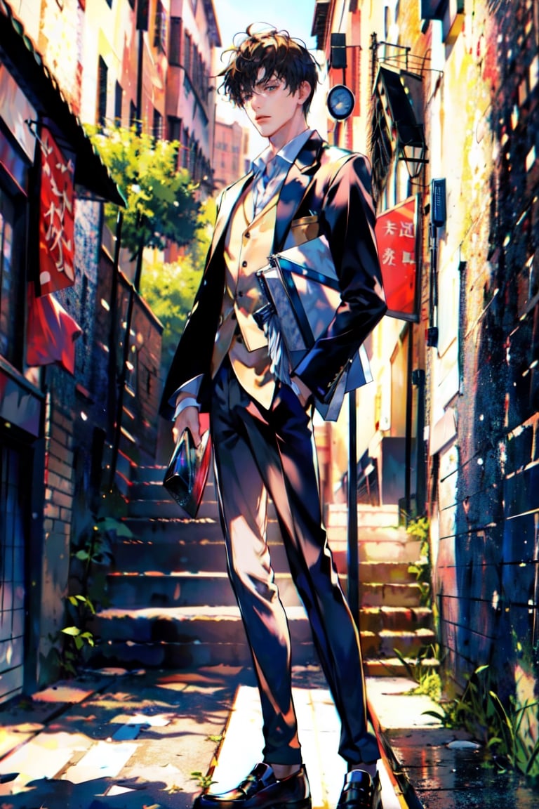 8k, (absurdres, highres, ultra detailed), (1 man:1.3), EpicArt, school, blazer, school uniform, male high school student