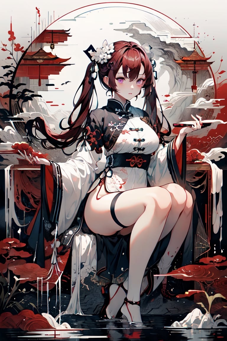 masterpiece, 8k, (absurdres, highres, ultra detailed), (1lady:1.3), purple eyes, red hair, short twintails, EpicArt,Chinese ink paint,water inkSpot,White and white,Chinese style,