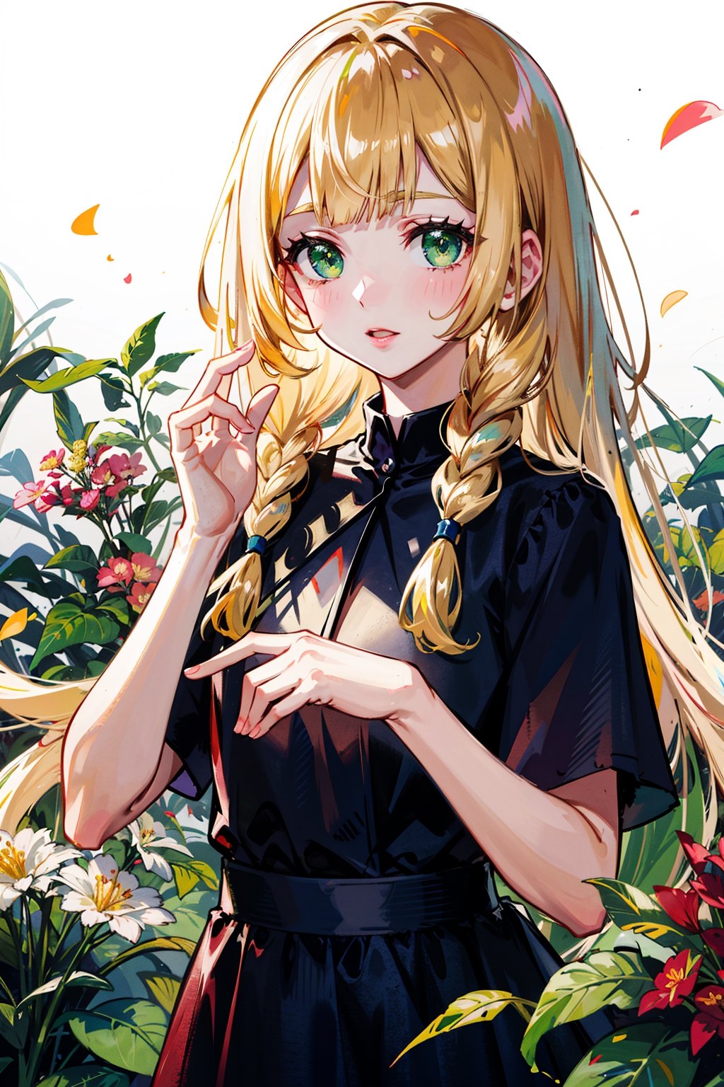 masterpiece,, (masterpiece, best quality:1.5), garden, flowers,[(white background:1.15)], 1_girl,lillie, blonde hair, long hair, twin braids, green eyes,blonde hair