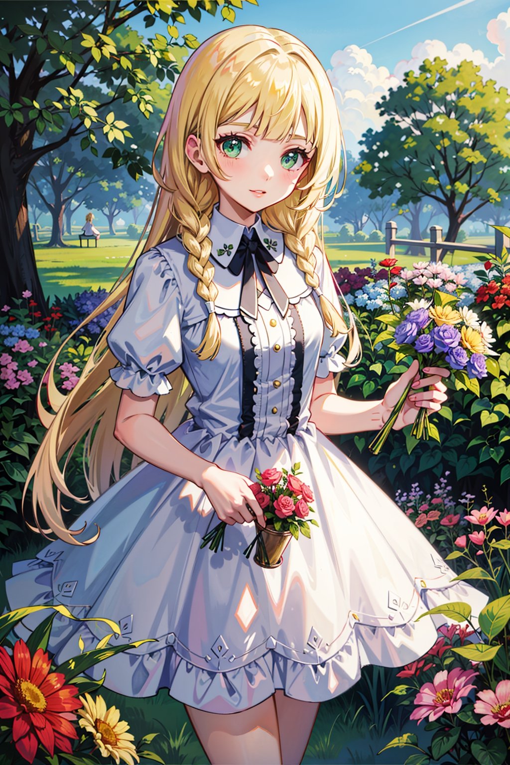 masterpiece,, (masterpiece, best quality:1.5), garden, flowers, 1_girl,lillie, blonde hair, long hair, twin braids, green eyes,blonde hair, holding flowers